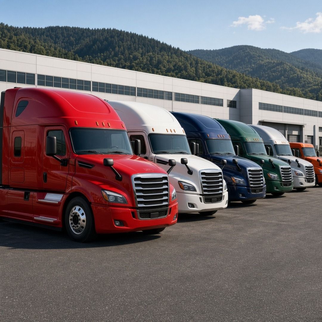 A row of brand new semi truck tractors lined up outside a large truck assembly plant in the Virginia hills