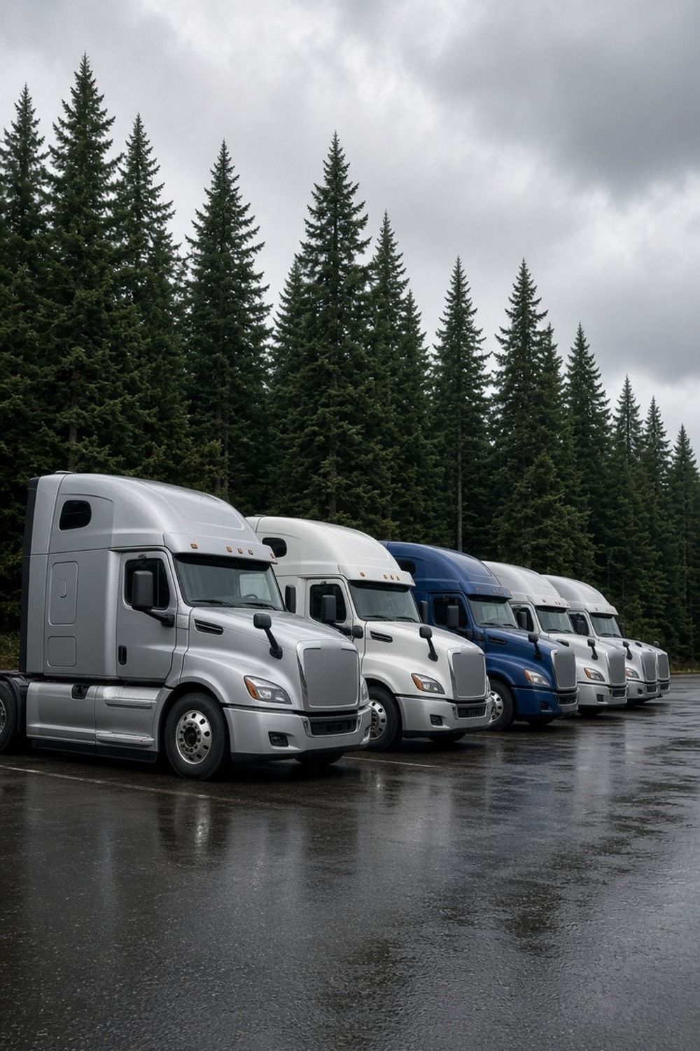 Row of new silver, white and blue semi truck tractors parked on a wet lot in front of tall evergreen trees under cloudy skies