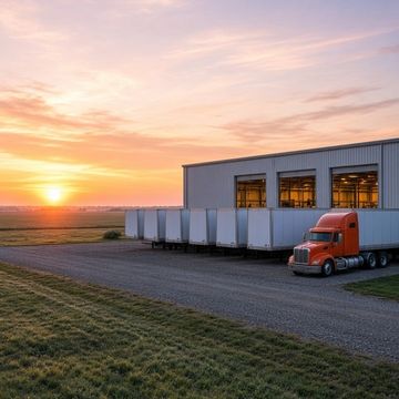 Orange semi truck parked beside a row of new white trailers at a trailer factory on the Illinois prairie at sunrise