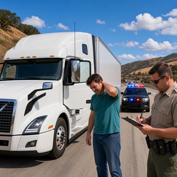 An officer writes on a clipboard while a truck driver in a teal tee rubs his neck beside a white sleeper semi on a freeway shoulder