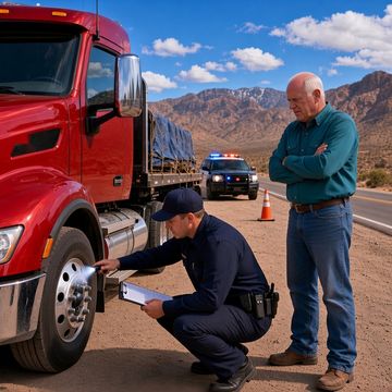 An officer kneels to inspect a red sleeper semi on a desert mountain road while the bald driver in a teal shirt watches
