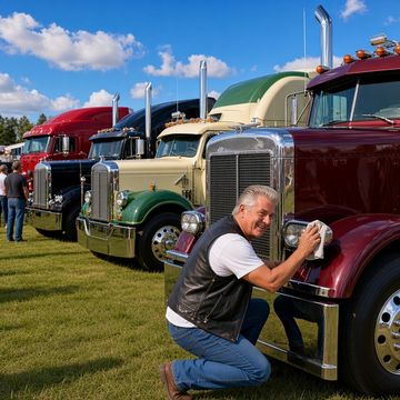 An older man in a vest polishes the chrome on one of a row of classic long-hood semi trucks