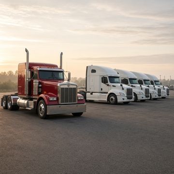 A single dark red semi truck parked apart from a row of matching white fleet tractors at a truck yard in morning light