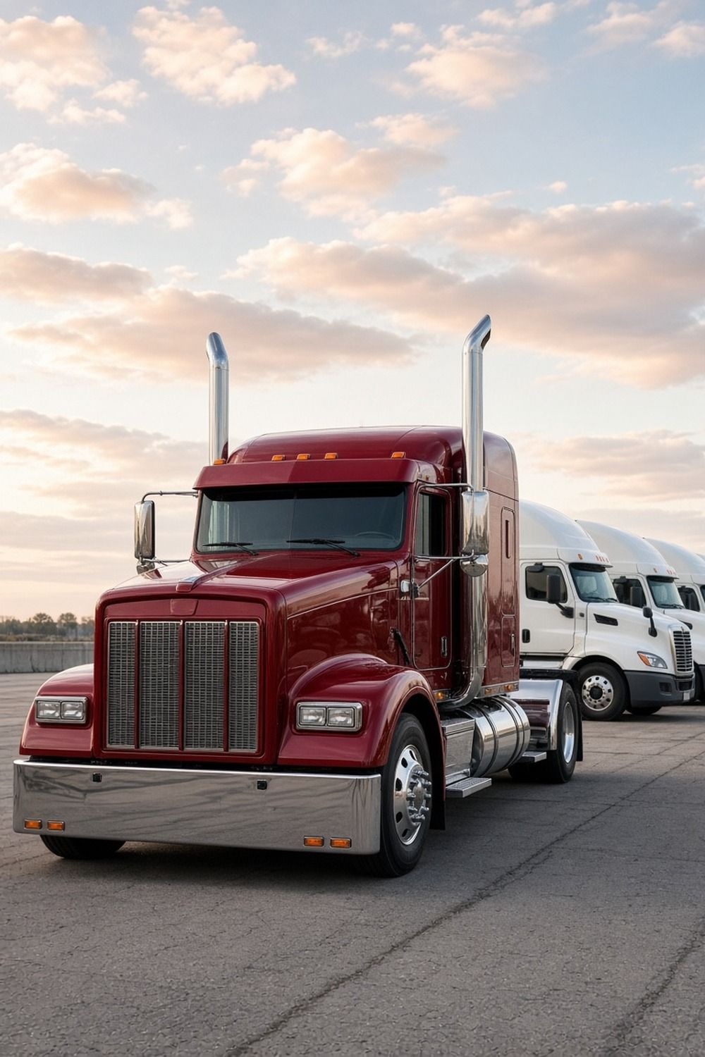 A dark red semi truck in front of a row of matching white fleet trucks in a truck yard in morning light