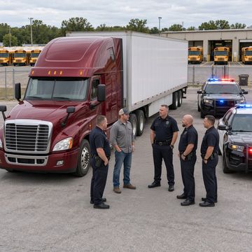Police officers talk with a truck driver beside a semi truck at a school bus depot as police vehicles wait nearby with lights on