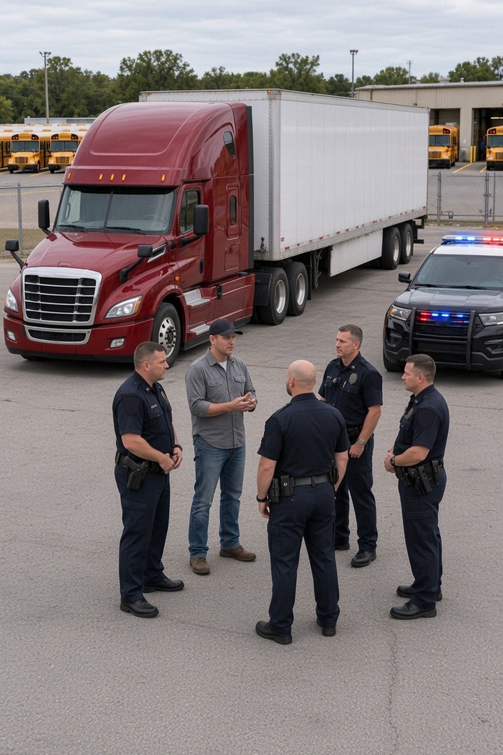 Police officers talk with a truck driver beside a semi truck at a school bus depot as police vehicles wait nearby with lights on