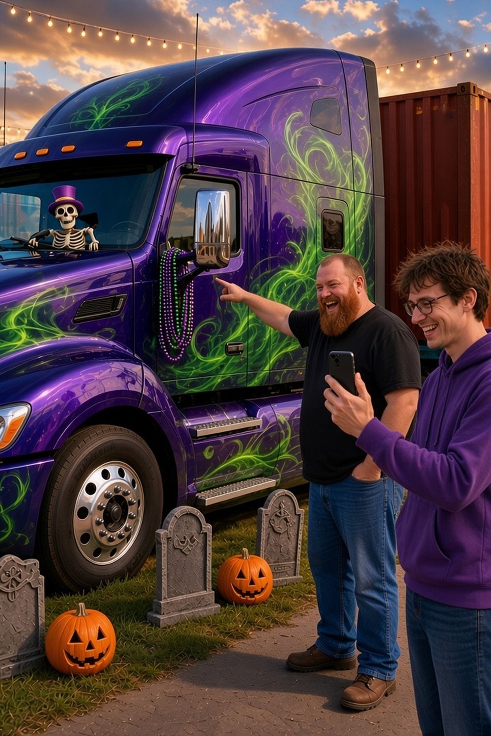 Two men laugh and take phone photos of a purple show semi with green flames, a skeleton driver, tombstones and jack-o-lanterns