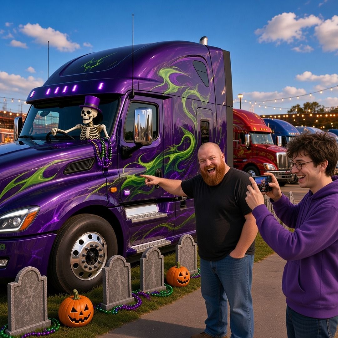 Two laughing men point at and photograph a purple semi with green flame art, a skeleton at the wheel, tombstones and pumpkins