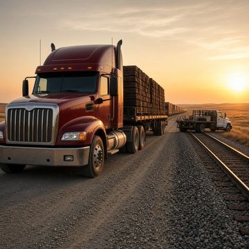 A work truck parked on a gravel road beside a railroad main line with a freight train in the distance at sunrise
