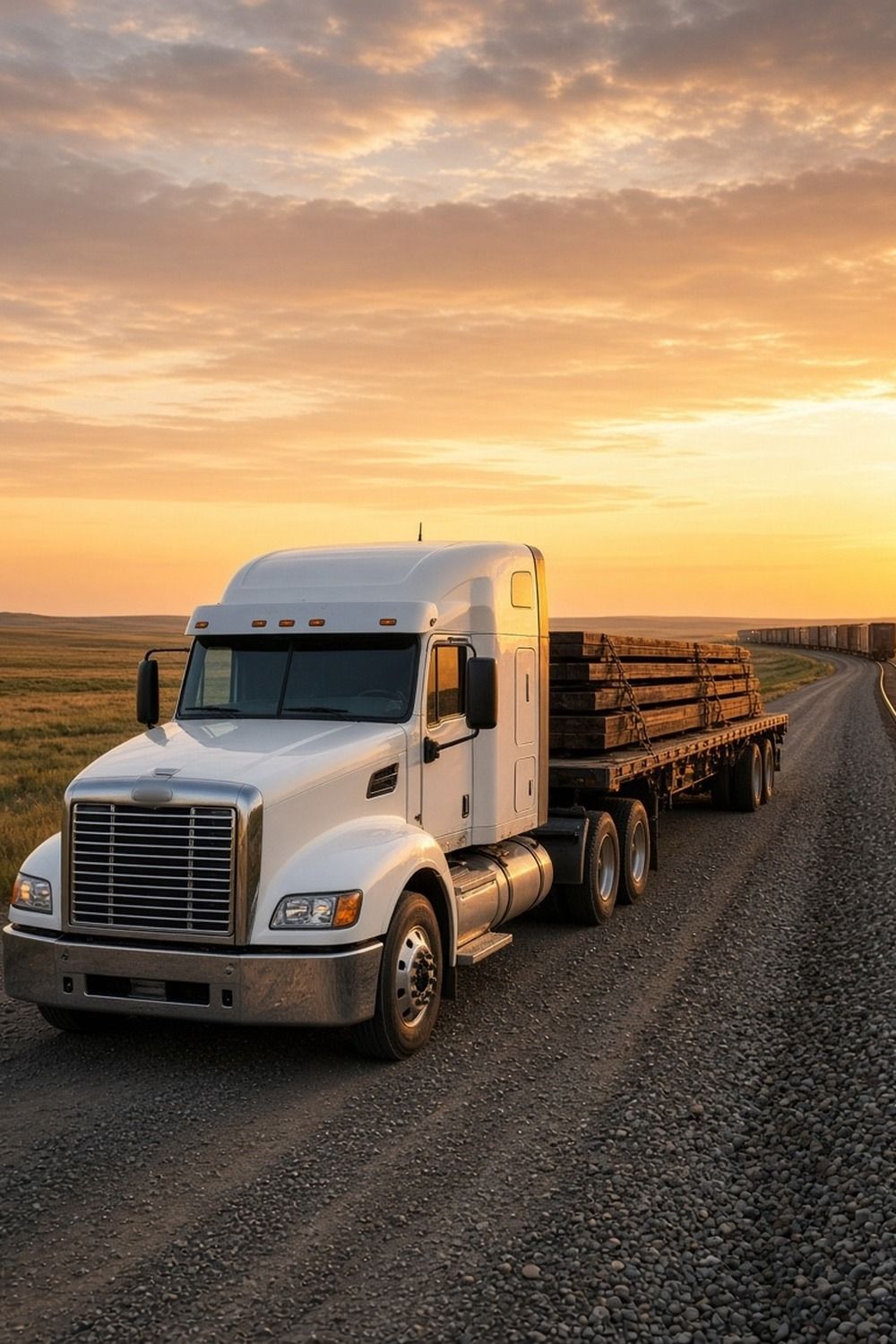 A work truck parked on a gravel road beside a railroad main line with a freight train in the distance at sunrise