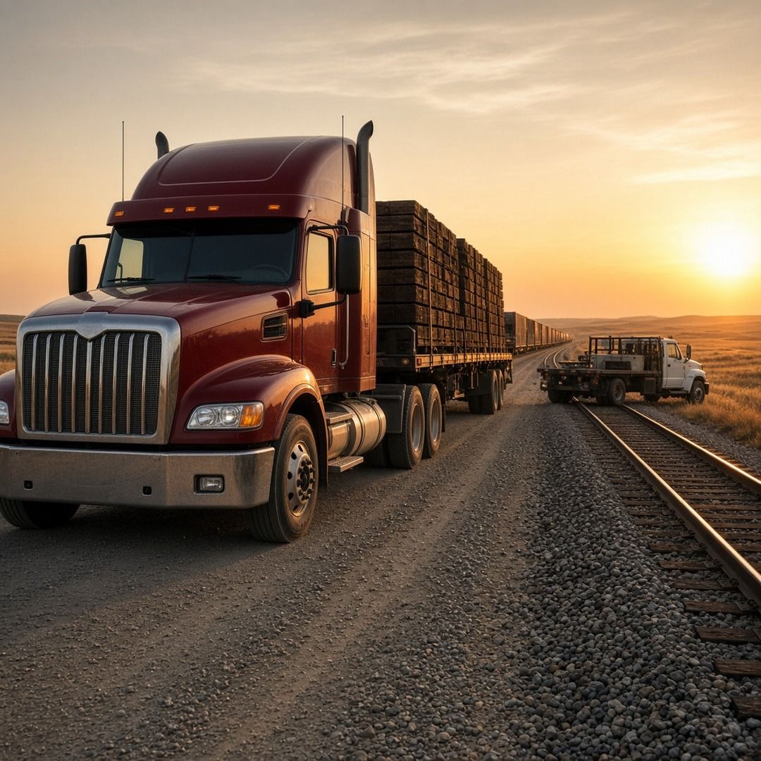 A work truck parked on a gravel road beside a railroad main line with a freight train in the distance at sunrise