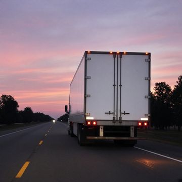 The rear of a semi trailer with glowing amber lights on a highway at dusk