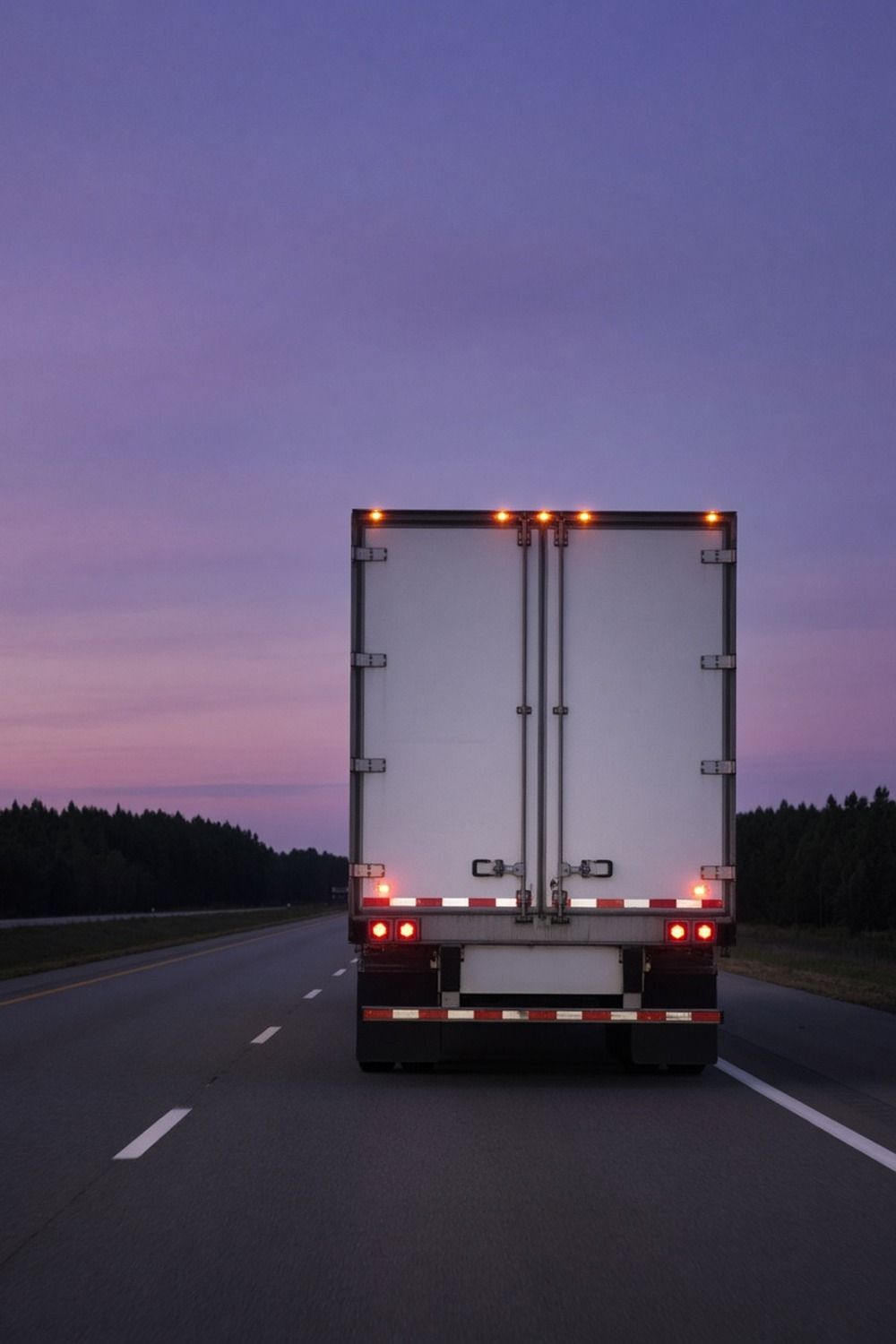 The rear of a semi trailer with glowing amber lights on a highway at dusk