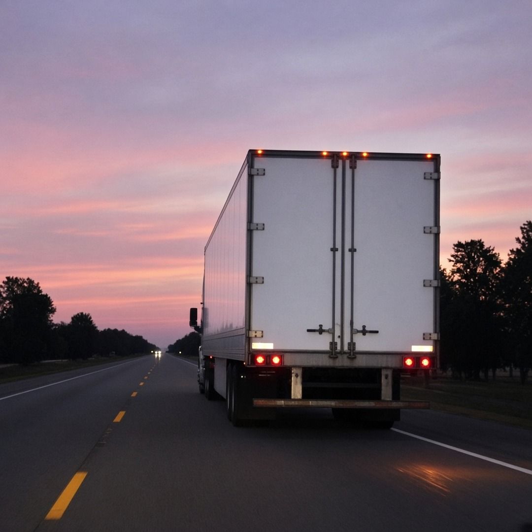 The rear of a semi trailer with glowing amber lights on a highway at dusk