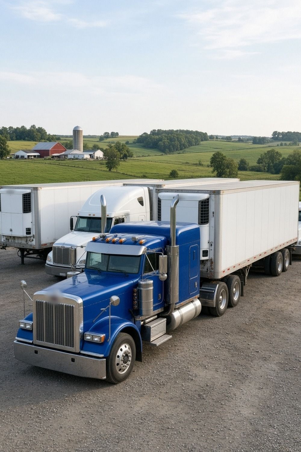 A row of white refrigerated semi trailers and tractors parked at a trucking terminal in Wisconsin farm country