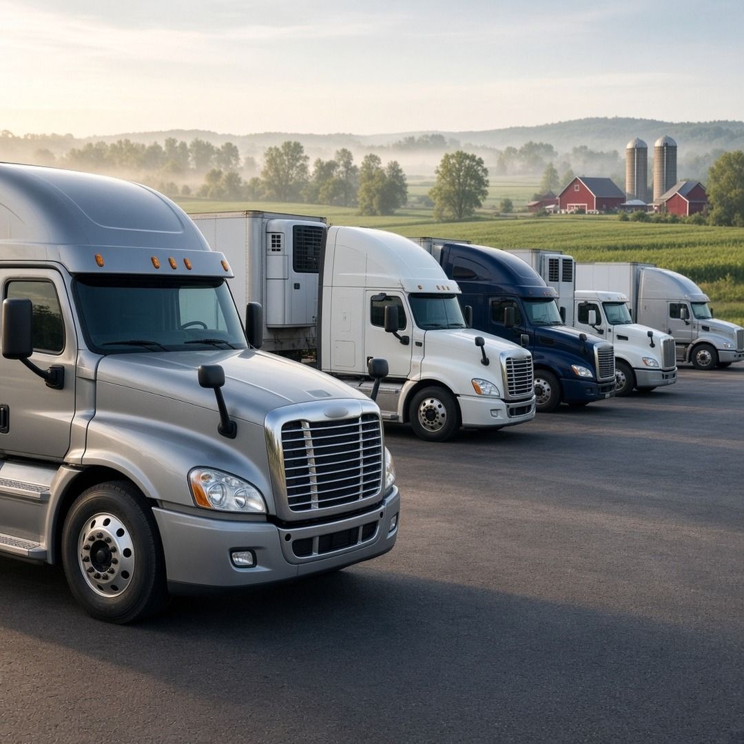 A row of white refrigerated semi trailers and tractors parked at a trucking terminal in Wisconsin farm country