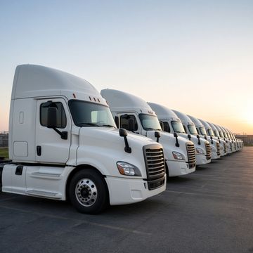 A long row of white rental semi truck tractors parked at a truck lot in the early morning