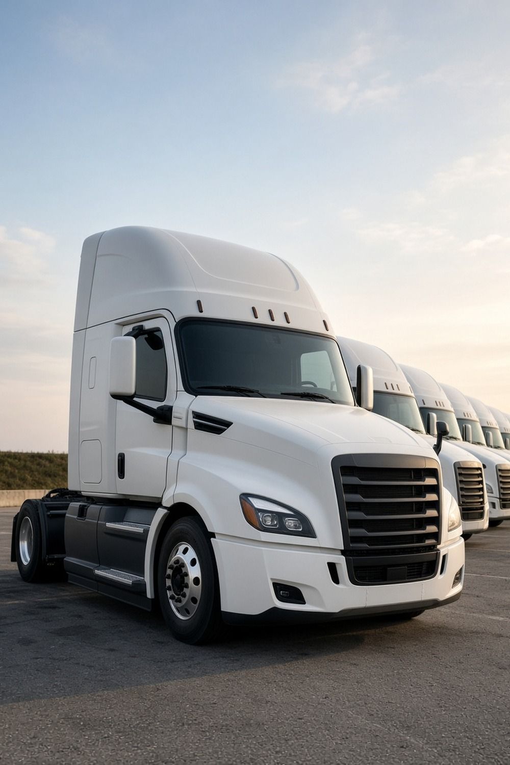 A long row of white rental semi truck tractors parked at a truck lot in the early morning