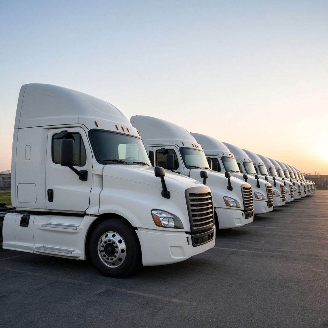A long row of white rental semi truck tractors parked at a truck lot in the early morning