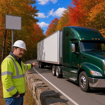 A road worker in a hard hat and hi-vis jacket points at a green semi on a narrow road with fall trees and a stone wall