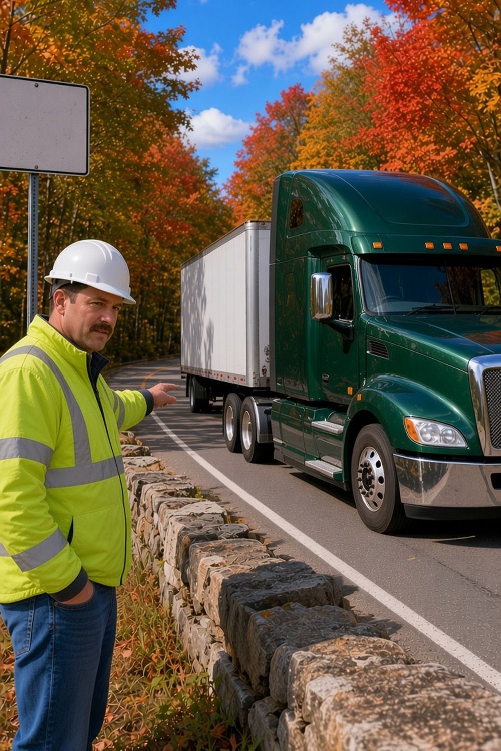 A road worker in a white hard hat points toward a green semi on a narrow road beside a stone wall and bright autumn trees