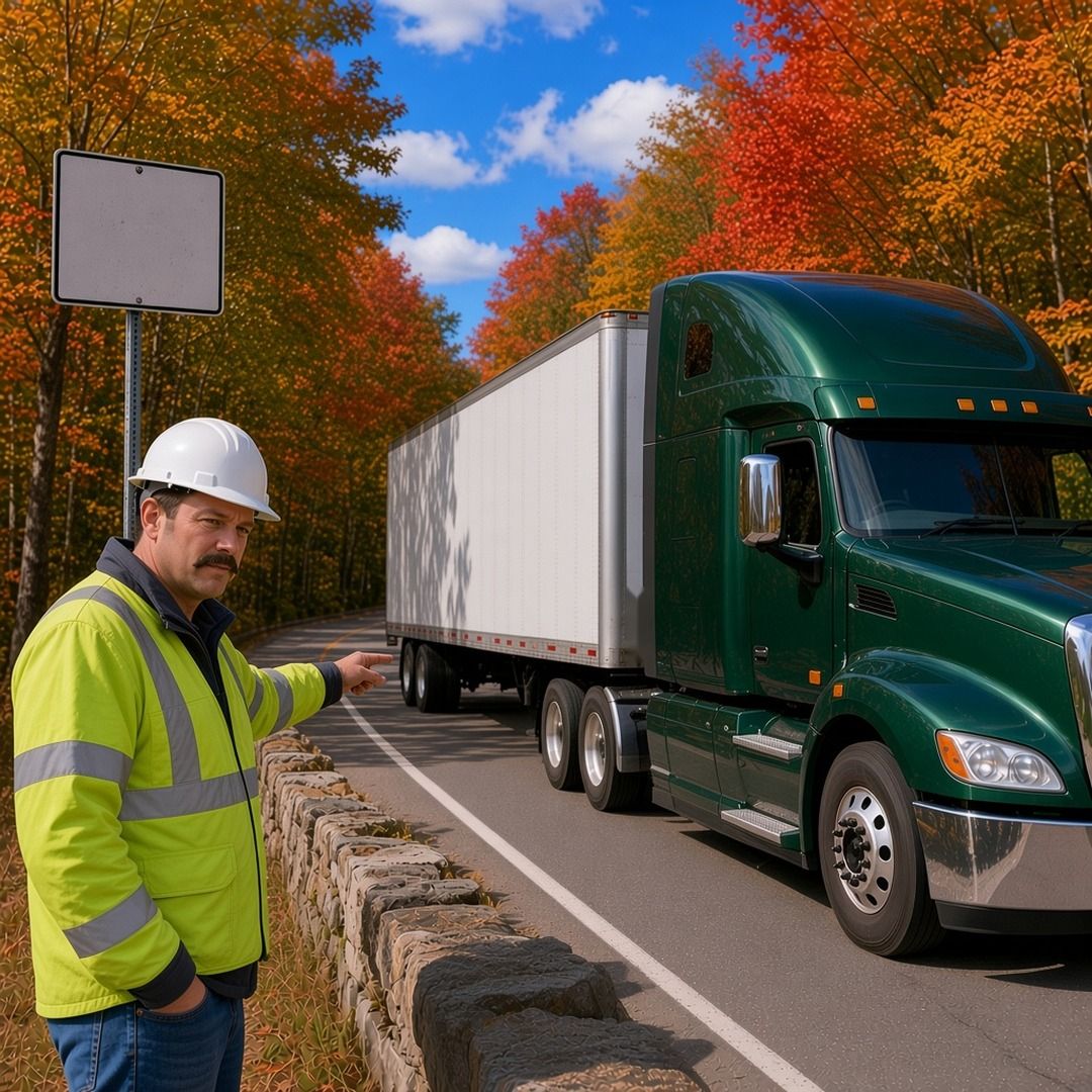 A road worker in a hard hat and hi-vis jacket points at a green semi on a narrow road with fall trees and a stone wall