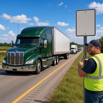 A road worker in a navy cap and hi-vis vest works on a blank sign post as a green semi passes on a rural interstate