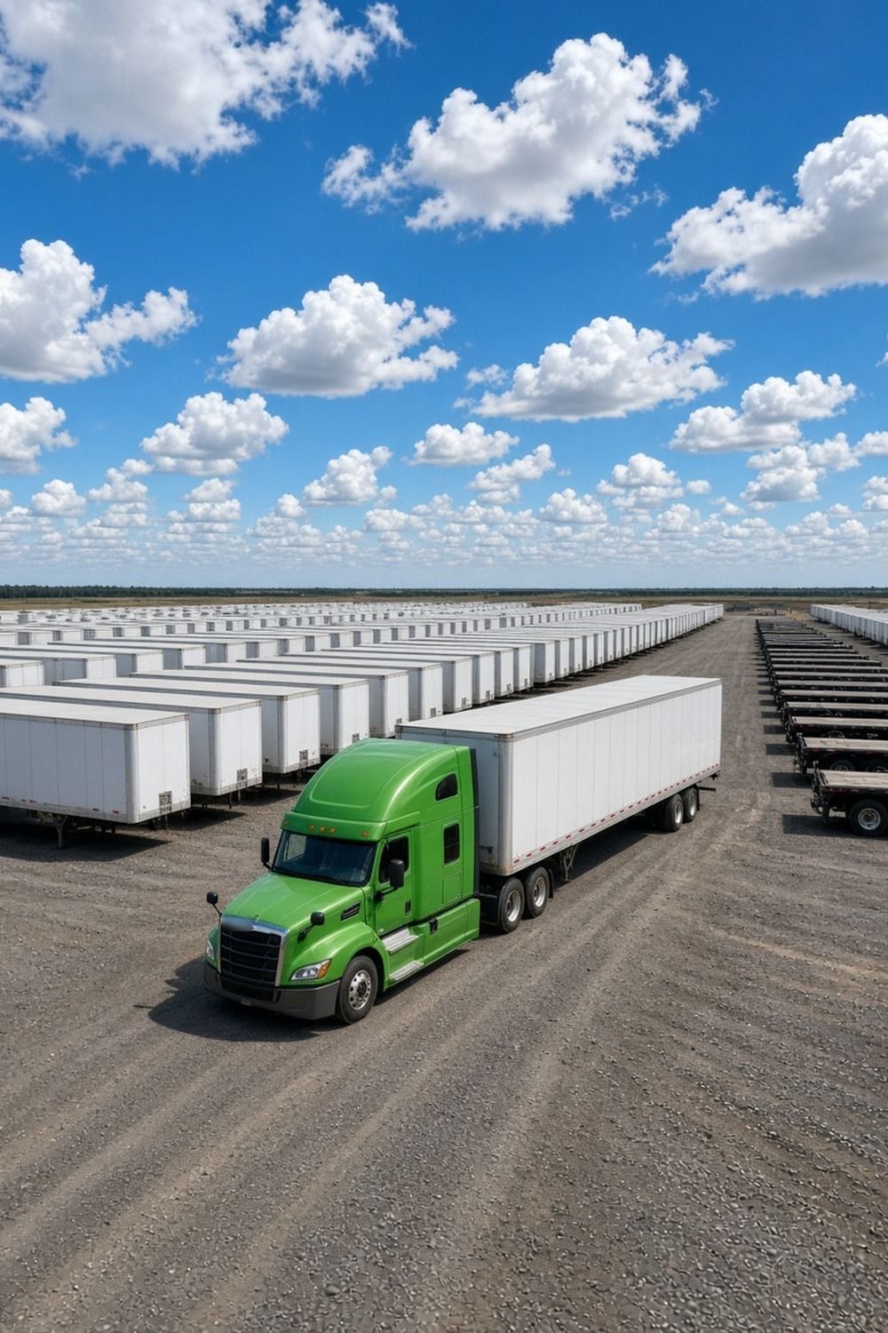 Green semi truck pulling a new white van trailer through a factory yard filled with rows of new trailers under a blue sky