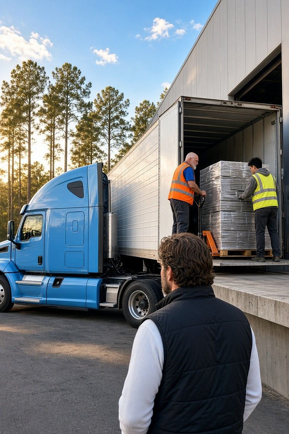 Two workers move a shrink-wrapped pallet with a pallet jack inside a dry van trailer backed to a warehouse dock as a man watches