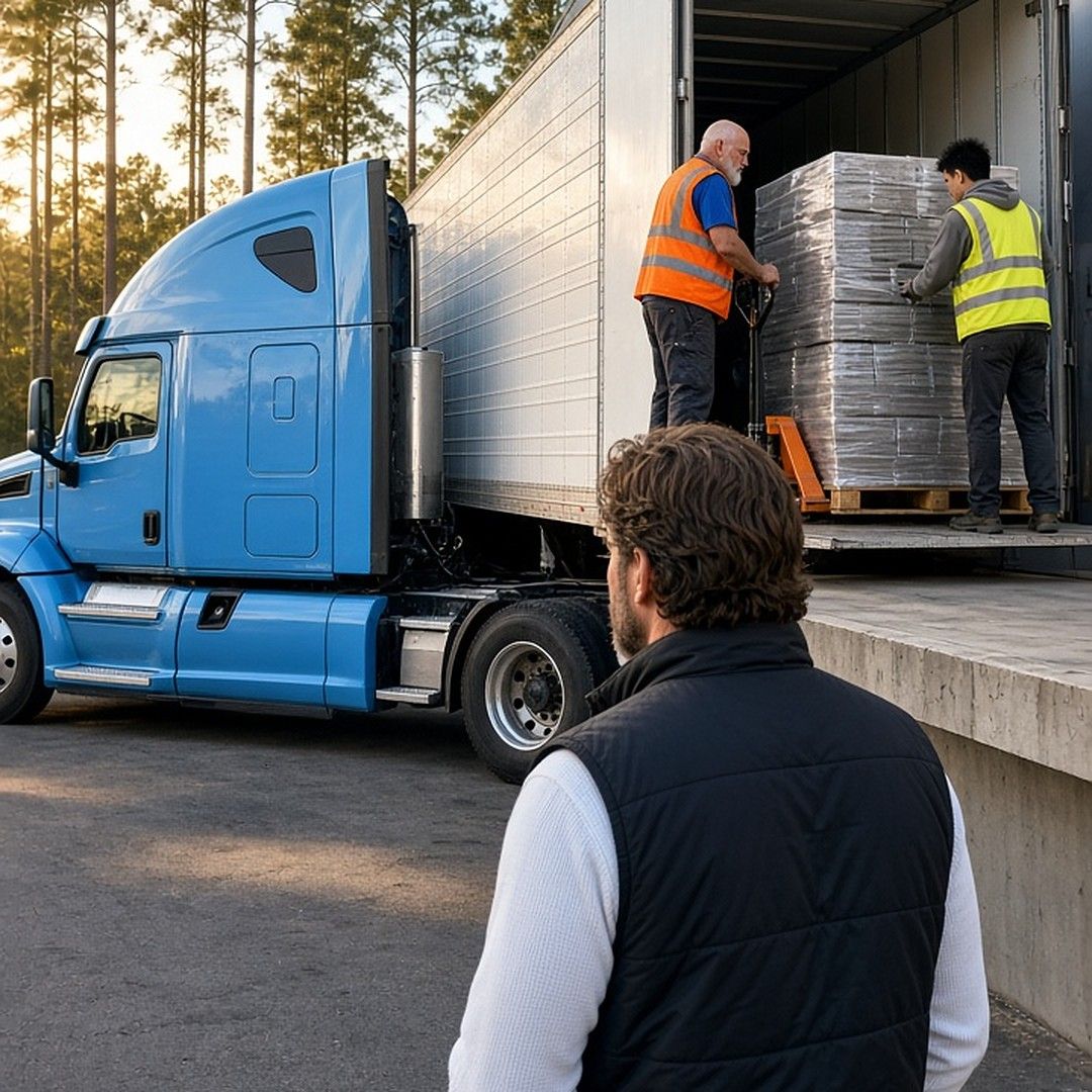 Two workers move a shrink-wrapped pallet with a pallet jack inside a dry van trailer at a warehouse dock as a man watches from the lot