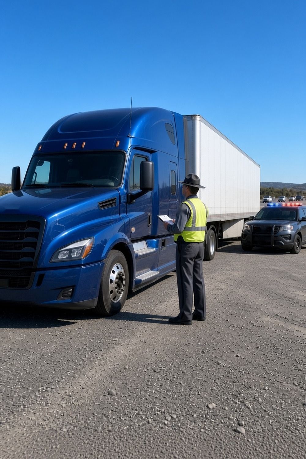 An officer in a safety vest and campaign hat talks up to a blue semi cab, a patrol car flashing red and blue behind