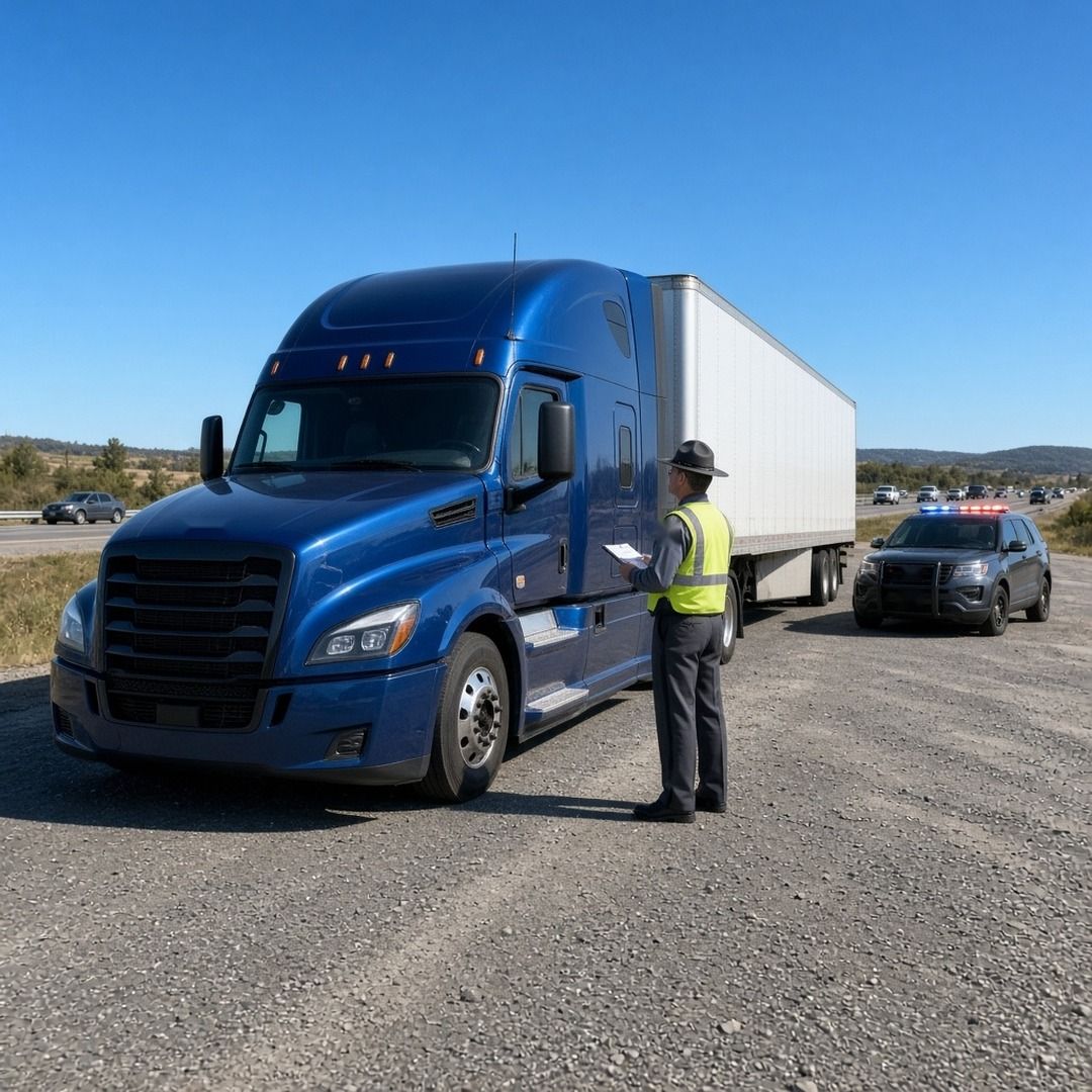 A blue semi stopped on a highway pull-off as an officer with a clipboard talks up to the cab, a patrol car behind