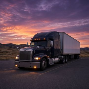 A semi truck parked at a quiet rest area off a two lane interstate on the open Wyoming plains under a wide sky