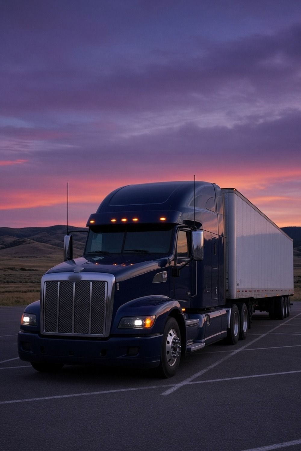 A semi truck parked at a quiet rest area off a two lane interstate on the open Wyoming plains under a wide sky