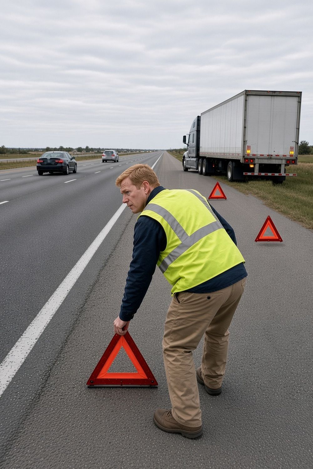 A driver in a yellow safety vest sets out red warning triangles behind a semi on a highway shoulder