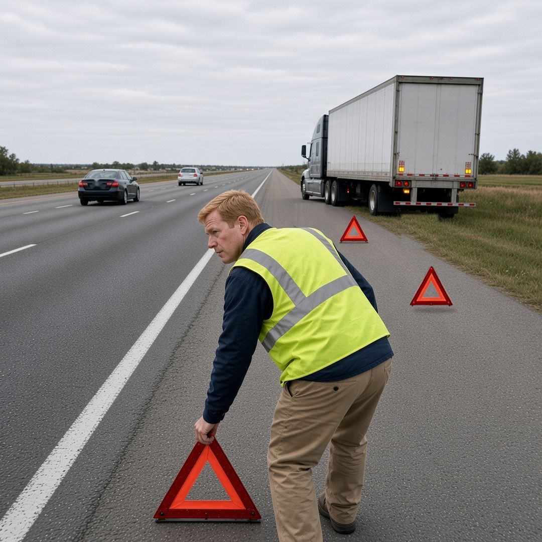 A driver in a yellow safety vest sets out red warning triangles behind a semi on a highway shoulder