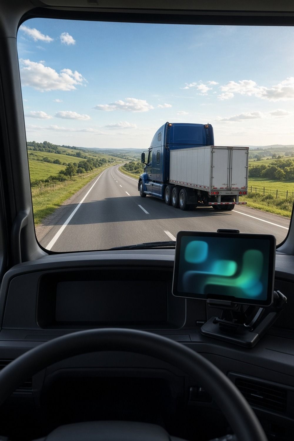 A small electronic logging device on a semi truck dashboard with a semi truck on the open highway ahead