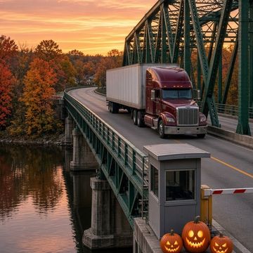 Burgundy semi truck crossing a green steel truss bridge over a river in autumn, a toll booth with three glowing jack-o-lanterns in front