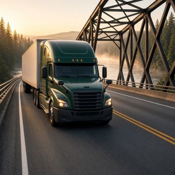 A semi truck with a dry van trailer crossing a long highway bridge over a wide river at sunrise