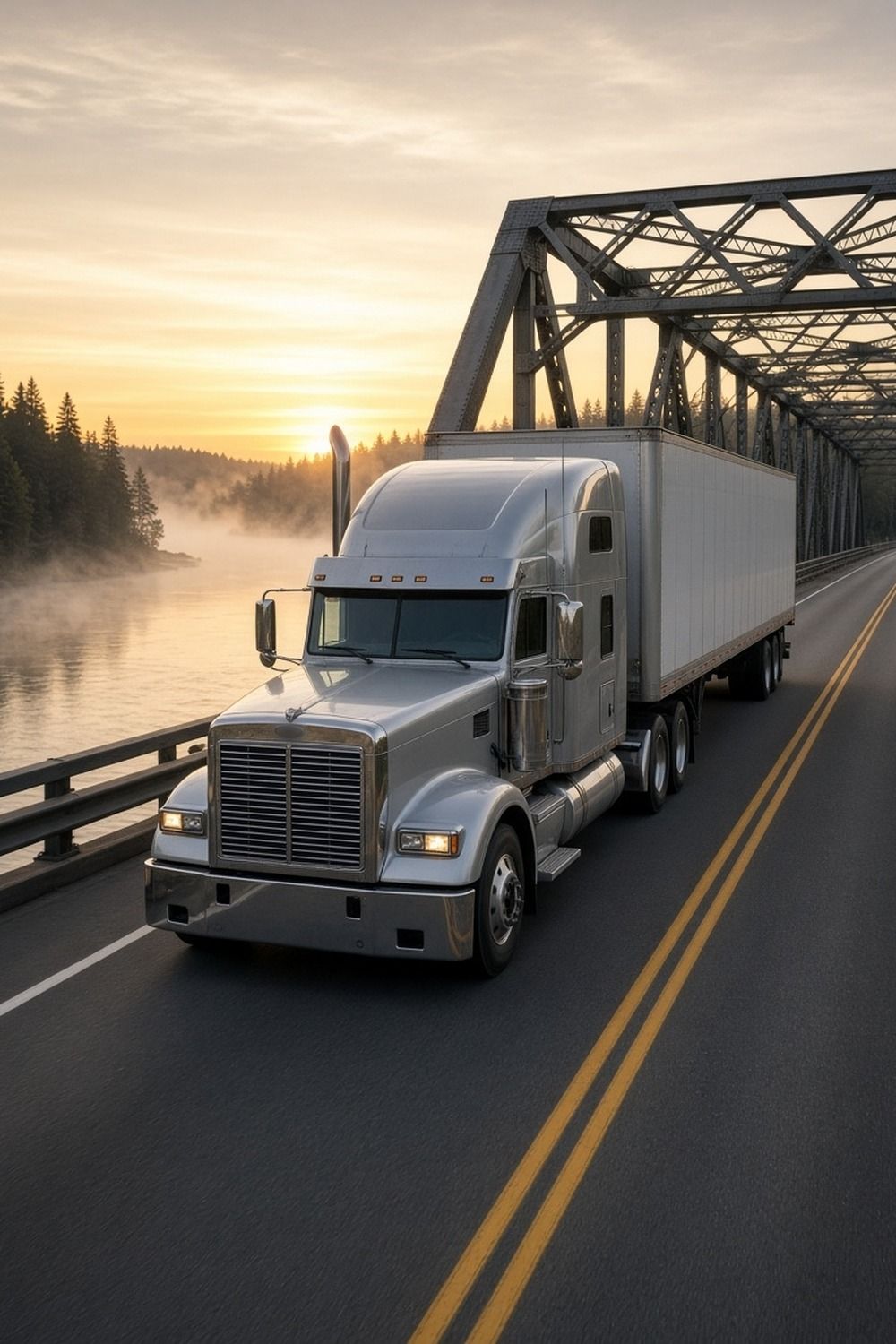 A semi truck with a dry van trailer crossing a long highway bridge over a wide river at sunrise