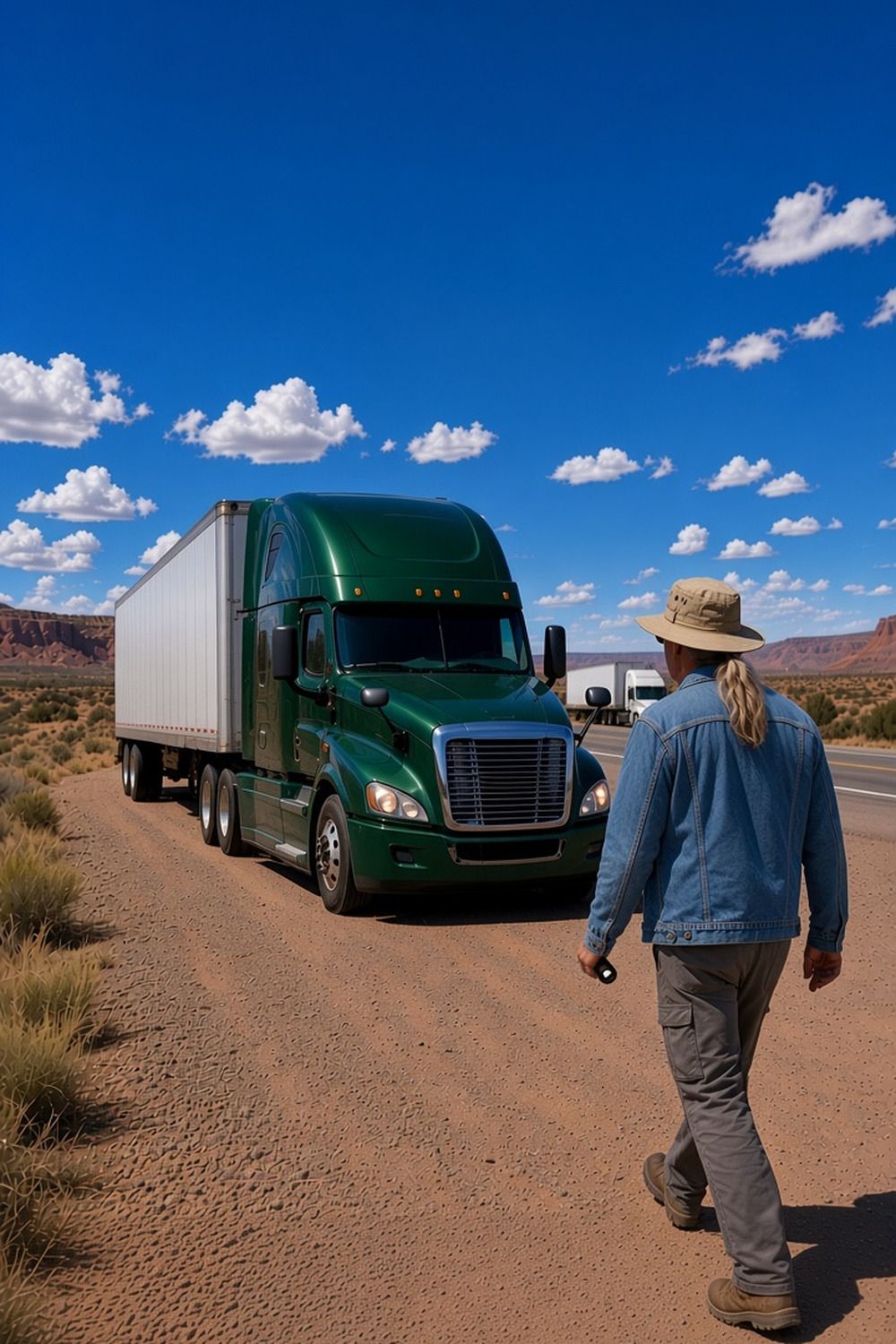 A trucker walks around a tractor-trailer parked off a New Mexico interstate with red rock mesas behind