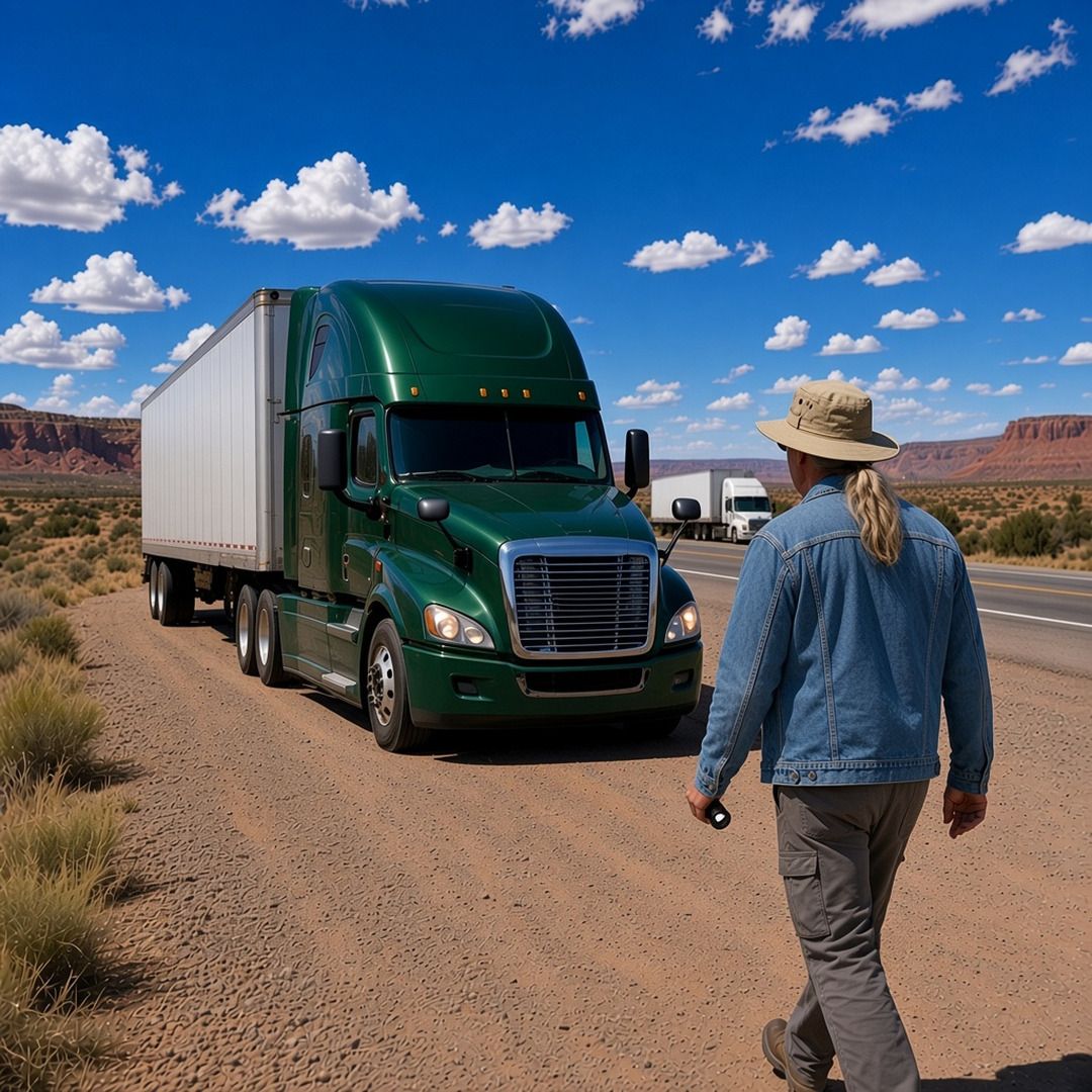 A trucker walks around a tractor-trailer parked off a New Mexico interstate with red rock mesas behind
