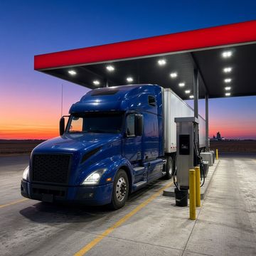 A blue semi truck at a diesel island under a lit truck stop canopy at dusk