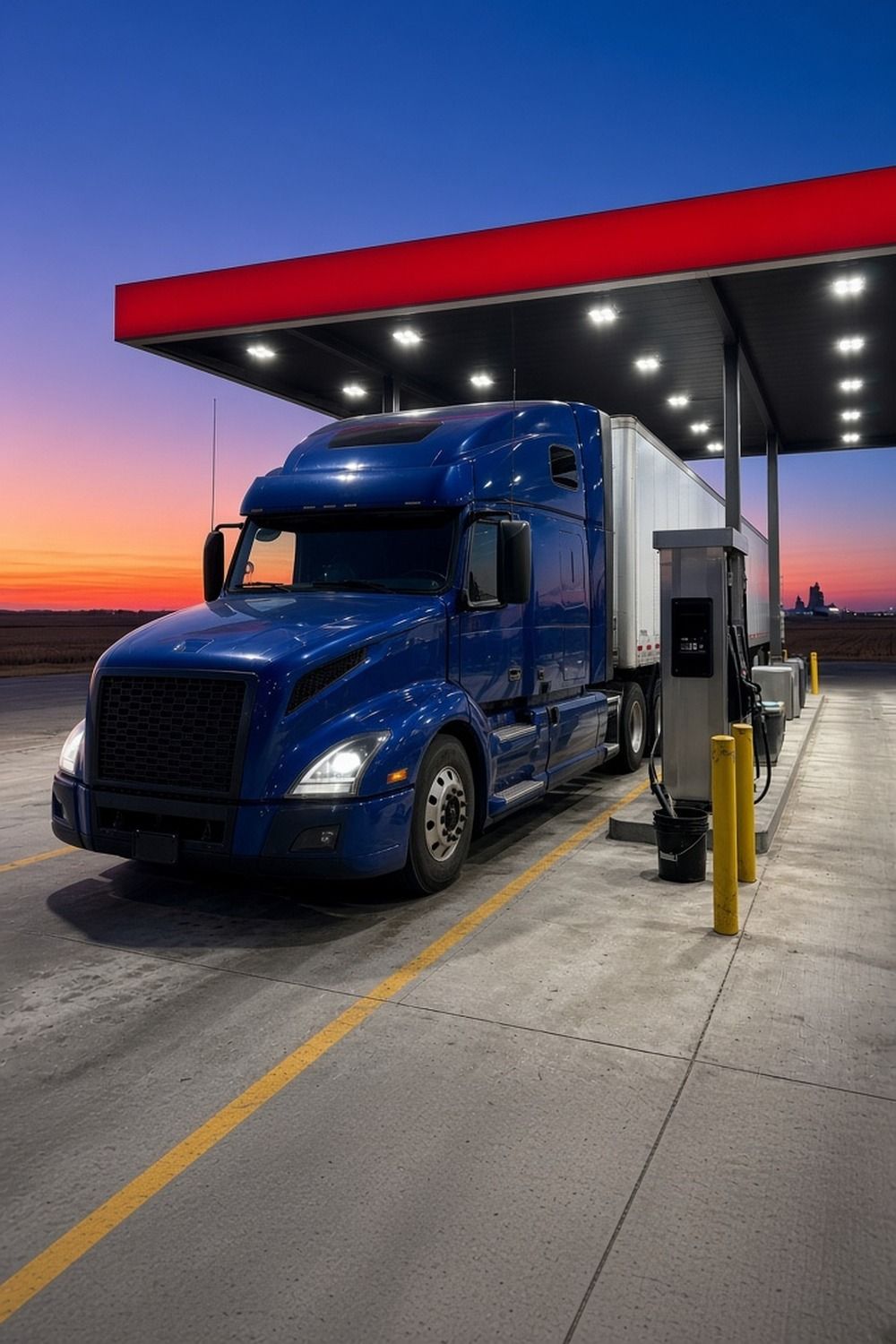 A blue semi truck at a diesel island under a lit truck stop canopy at dusk
