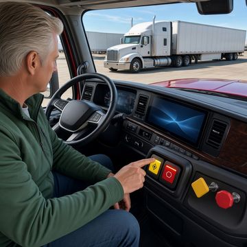 A trucker in a green jacket presses a lit yellow parking brake switch beside red and yellow push-pull knobs on a modern semi truck dash