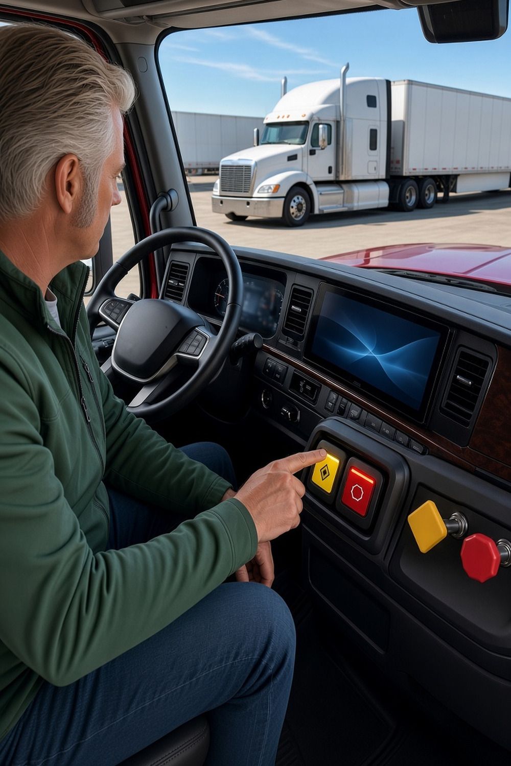 A trucker in a green jacket presses a lit yellow parking brake switch beside red and yellow push-pull knobs on a modern semi truck dash