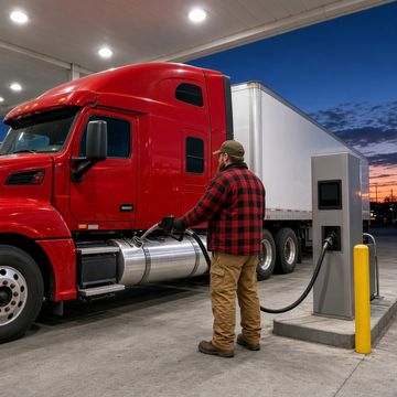 A trucker fuels a semi truck at a diesel island under a bright travel center canopy in the evening