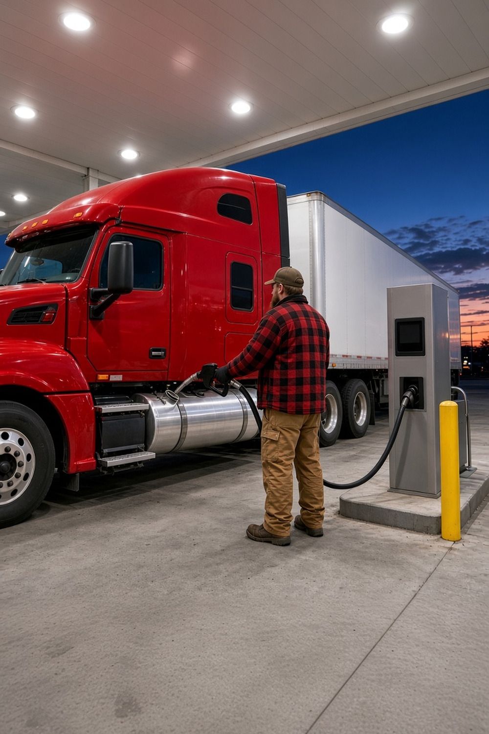 A trucker fuels a semi truck at a diesel island under a bright travel center canopy in the evening