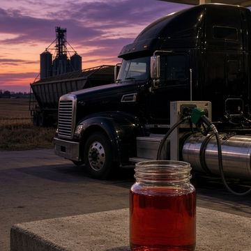 Glass jar of red dyed diesel on a concrete ledge in front of a black semi truck at a fuel pump, a grain elevator on the horizon at dusk