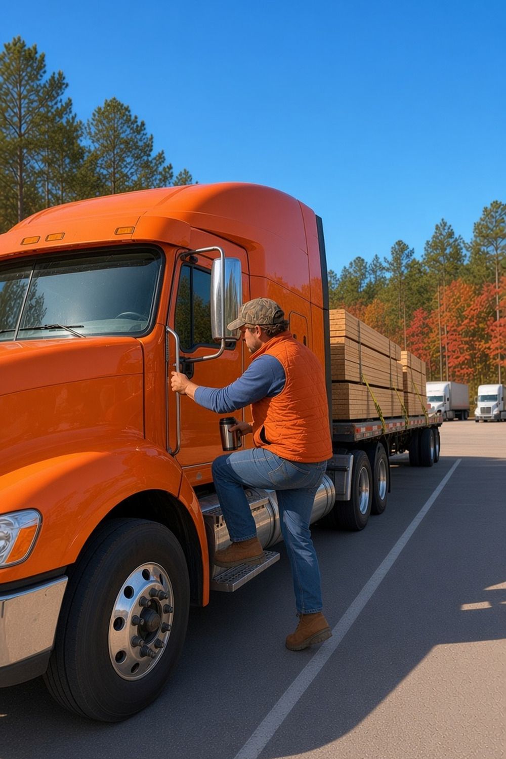 A trucker climbs down from a semi cab at a Georgia truck stop lined with pine trees in autumn